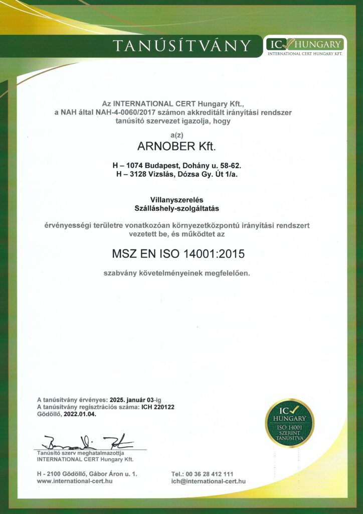 ISO 14001:2015 környezetirányítási tanúsítvány — Trend Apartmanház